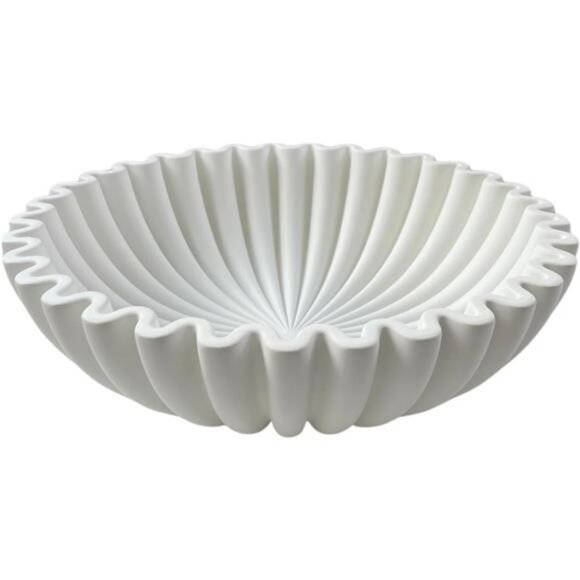 OAKOA White Concrete Decorative Bowl Fluted Scalloped Centerpiece Modern - Picture 1 of 7